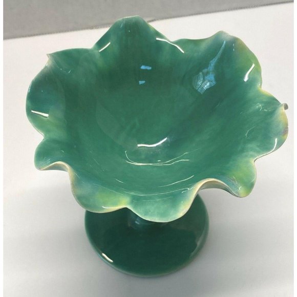 Free Form Opalescent Green Ruffled Edge Pedestal Trinket Bowl Dessert Dish - Picture 7 of 10